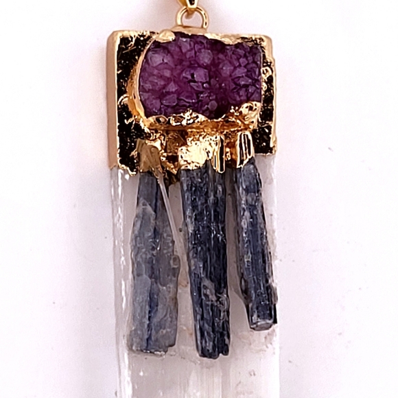 Natural Kyanite, Selenite & Purple Geode Crystal Gold Necklace NKSPUGCGN3 - Picture 4 of 5